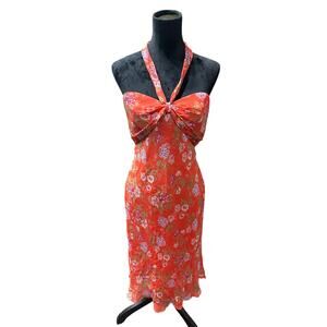 David Warren Dress NWT Halter Midi Silk Red Floral Lined Cruise Resort Party 12